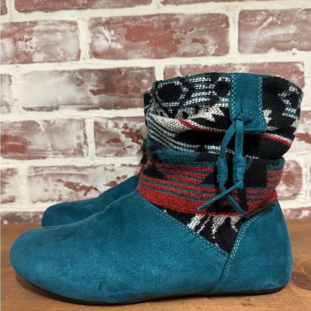 Bearpaw Amber Nova Suede Ankle Boots Wms Sz 8 Blue Aztec Pull On Sheepskin Lined - Picture 4 of 10